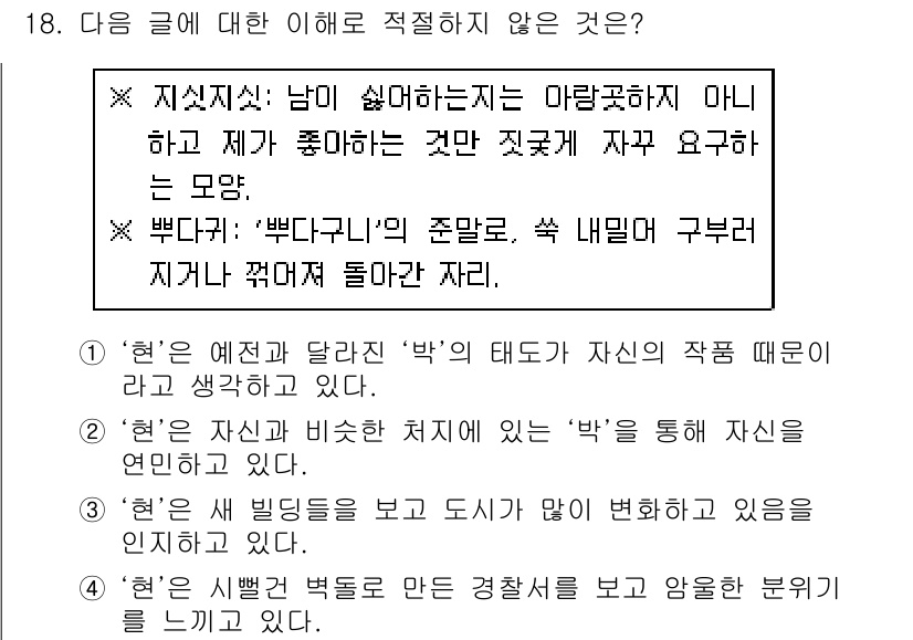 9급_국가직_공무원_국어 2022년 18번 - "현"은 예전감과 달리 "박"의 태도와 관계없이 자형이 달라지므로 문맥에... 에 관한 핵심 기출문제