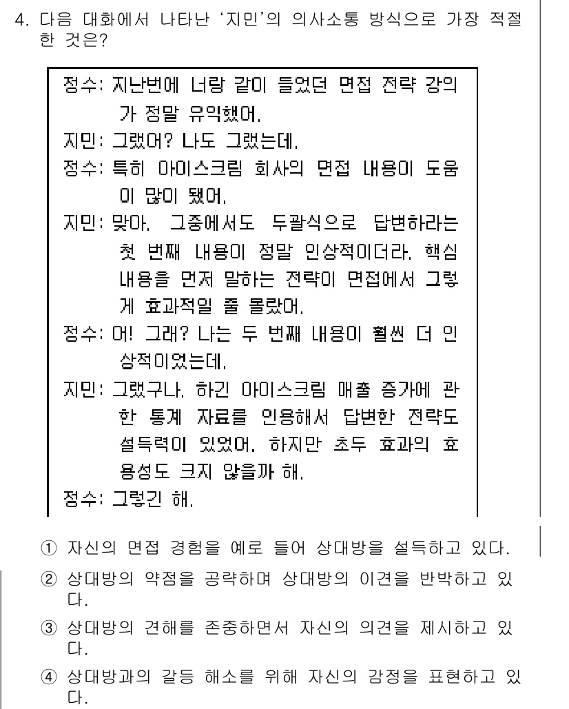 9급_국가직_공무원_국어 2022년 4번 - 이는 대화의 맥락에서 '지민'의 의사소통 방식이 명확하고 직접적이며, 상... 에 관한 핵심 기출문제