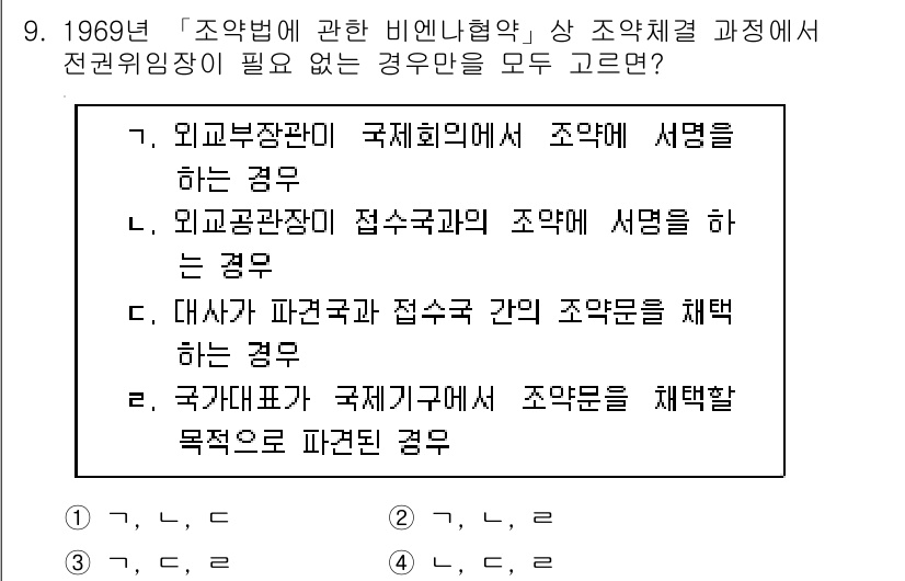 9급_국가직_공무원_국제법개론 2022년 9번 - 1969년 '조약법에 관한 비엔나 협약'은 각 조약의 체결 및 효력에 대... 에 관한 핵심 기출문제