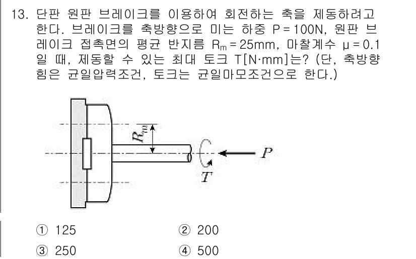 9급_국가직_공무원_기계설계 2022년 13번 - 브레이크력 \( T \)는 원판 브레이크의 접선 응력과 접촉 면적에 따라... 에 관한 핵심 기출문제