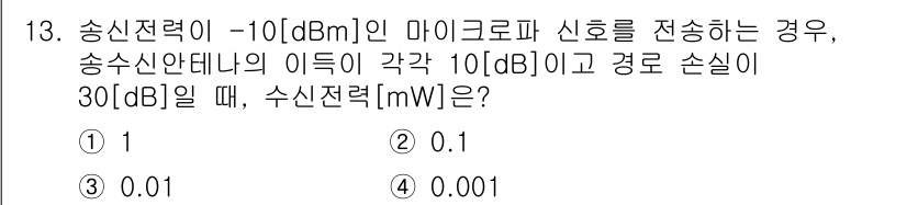 9급_국가직_공무원_무선공학개론 2022년 13번 - 전송 신호의 송신 전력은 -10 dBm으로 주어져 있습니다. 송신 전력과... 에 관한 핵심 기출문제