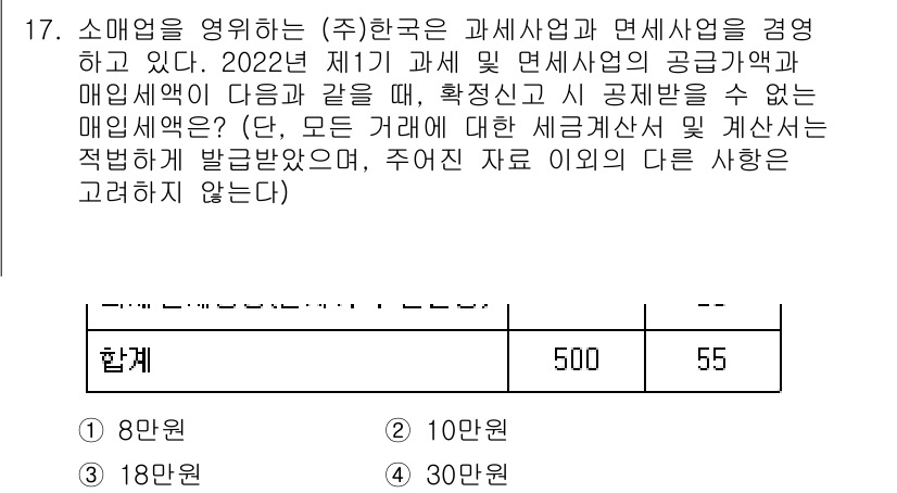 9급_국가직_공무원_세법개론 2022년 17번 - 소매업자가 영위하는 과세사업과 면세사업을 구분해야 하며, 매출액에 대한 ... 에 관한 핵심 기출문제