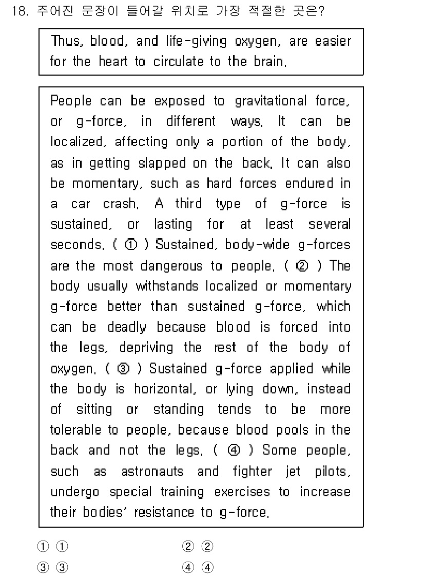 9급_국가직_공무원_영어 2022년 18번 - 문장에서 g-force가 몸에 미치는 영향을 설명하고 있으며, 특히 머리... 에 관한 핵심 기출문제