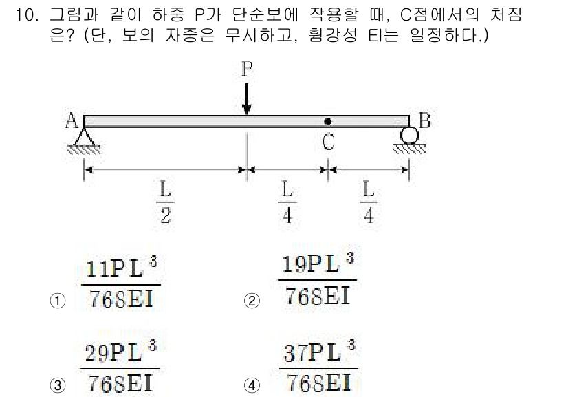 9급_국가직_공무원_응용역학개론 2022년 10번 - 문제에서 주어진 구조물의 하중과 지지 조건에 따라 각 단면에서의 처짐을 ... 에 관한 핵심 기출문제