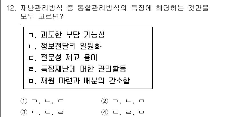 9급_국가직_공무원_재난관리론 2022년 12번 - 재난관리방식의 특징 중에서 과도한 부담 가능성(1)과 전문가 제고 용이(... 에 관한 핵심 기출문제
