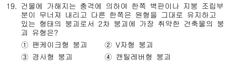 9급_국가직_공무원_재난관리론 2022년 19번 - 정답은 4번 "컨테이너형 붕괴"입니다. 이 붕괴 형태는 구조물의 수평 하... 에 관한 핵심 기출문제