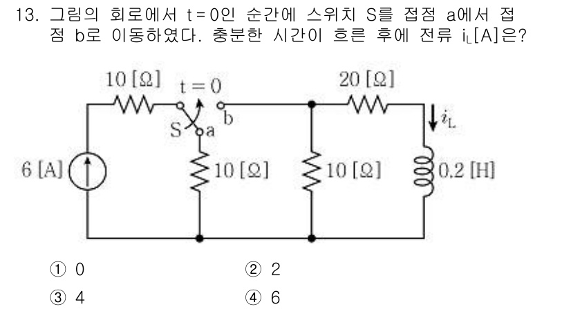 9급_국가직_공무원_전기이론 2022년 13번 - 이 회로에서 스위치가 순간적으로 a에서 b로 이동하게 되면, 20Ω 저항... 에 관한 핵심 기출문제
