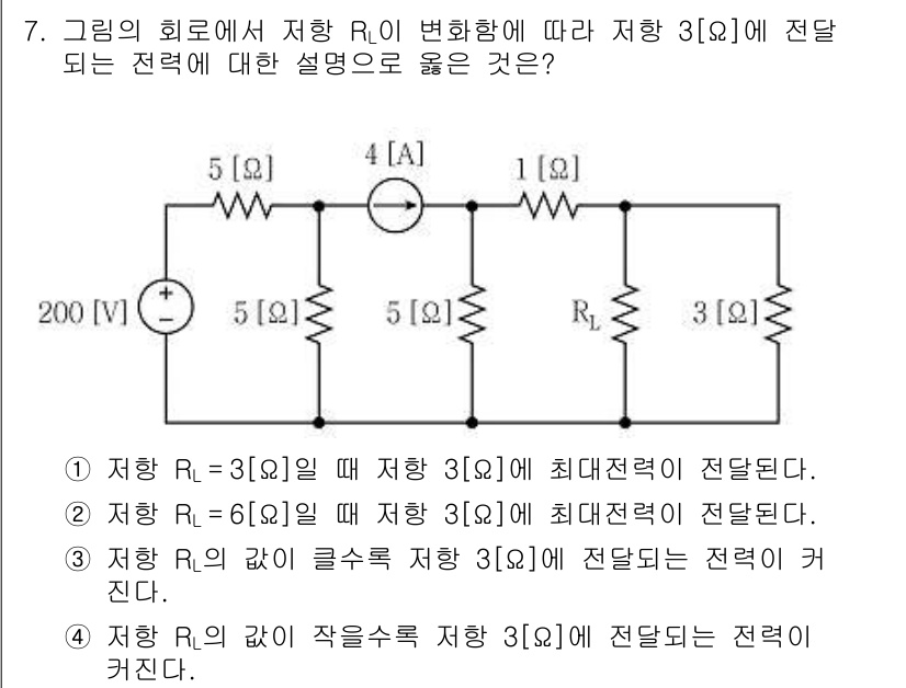 9급_국가직_공무원_전기이론 2022년 7번 - 문제에서 주어진 회로에서 저항 \( R_L \)이 3Ω일 때 최대 전력이... 에 관한 핵심 기출문제