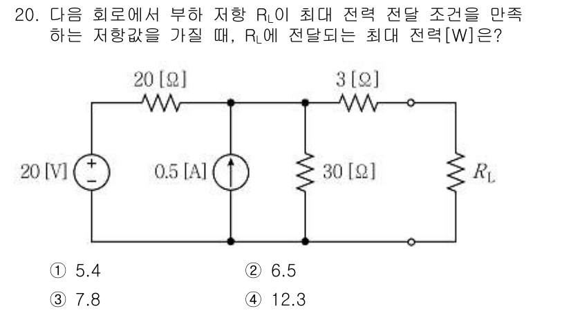 9급_국가직_공무원_전자공학개론 2022년 20번 - 주어진 회로에서 최대 전력을 계산하기 위해서는 최대 전력 전송 정리를 이... 에 관한 핵심 기출문제
