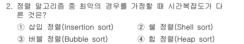 9급_국가직_공무원_컴퓨터일반 2022년 2번 - 정렬 알고리즘 중 최악의 경우 시간 복잡도가 다른 것은 4번 힙 정렬(H... 에 관한 핵심 기출문제
