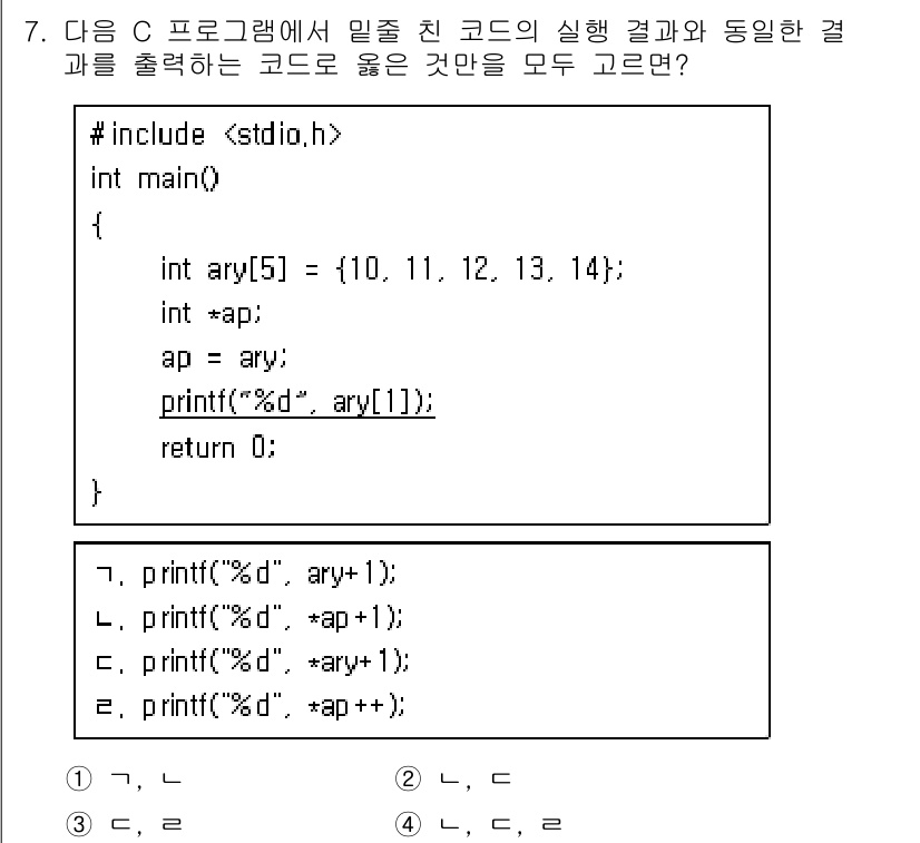 9급_국가직_공무원_컴퓨터일반 2022년 7번 - 주어진 코드에서 `printf("%d", ary[++*ap]);` 구문은... 에 관한 핵심 기출문제