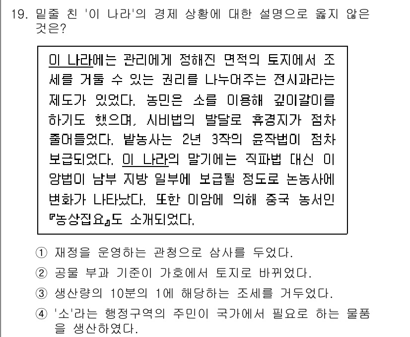 9급_국가직_공무원_한국사 2022년 19번 - 이 나라의 경제 상황은 국가가 직접적으로 토지를 관리하고 조절하는 체제를... 에 관한 핵심 기출문제