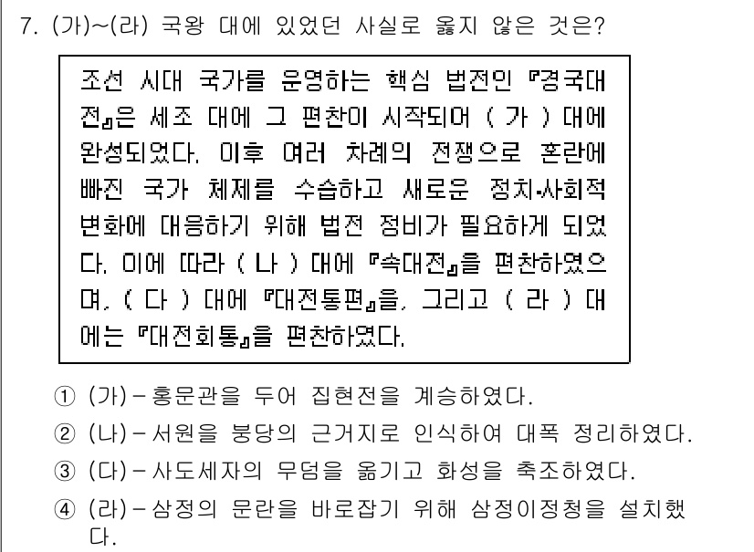 9급_국가직_공무원_한국사 2022년 7번 - 정답 4번은 조선 시대 국가 운영 방식과 관련된 내용이다. 조선은 유교 ... 에 관한 핵심 기출문제