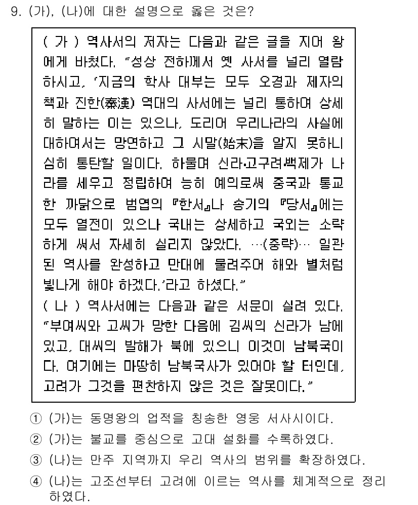 9급_국가직_공무원_한국사 2022년 9번 - 해설: (가)는 역사적 사건이나 사상의 전개를 명확히 설명하여 역사 의식... 에 관한 핵심 기출문제