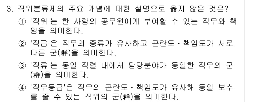 9급_국가직_공무원_행정학개론 2022년 3번 - '직무'는 사람의 공무원에게 부여되는 직무와 책임을 의미하기 때문에, '... 에 관한 핵심 기출문제