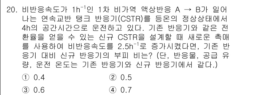 9급_국가직_공무원_화학공학일반 2022년 20번 - CSTR의 비율이 1차 반응과 관련되어 있어 반응물 농도에 따라 반응 속... 에 관한 핵심 기출문제