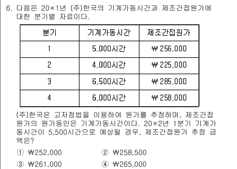 9급_국가직_공무원_회계학 2022년 6번 - 제조간접원가는 기계 가동시간에 따라 결정됩니다. 주어진 정보에 따르면, ... 에 관한 핵심 기출문제