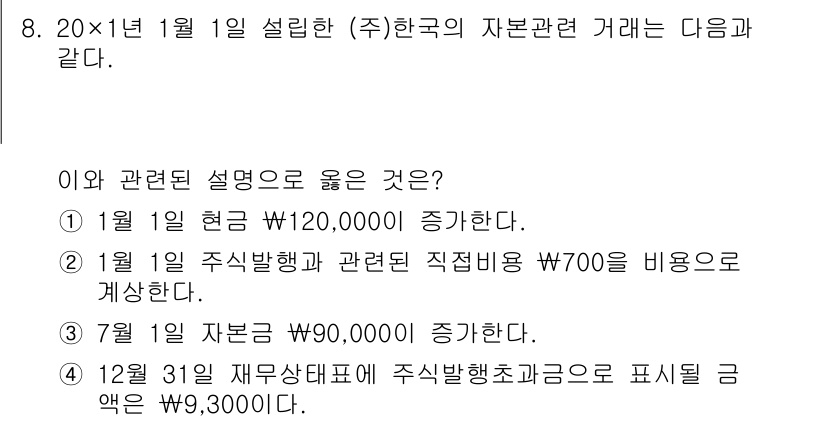 9급_국가직_공무원_회계학 2022년 8번 - 문제에서 주어진 내용을 바탕으로, 1월 1일 현금과 자본금의 증가액을 확... 에 관한 핵심 기출문제