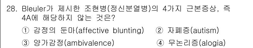 임상심리사_2급 2022년 28번 - 블로일러가 제시한 조현병의 4A 중 하나는 '무너리증(alogia)'입니... 에 관한 핵심 기출문제