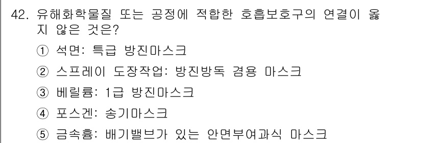산업보건지도사 2022년 42번 - 1급 방진마스크는 유해 화학물질의 침투를 방지하지만, 배기밸브가 있는 마... 에 관한 핵심 기출문제