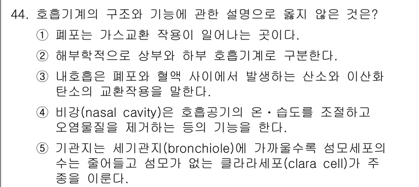 산업보건지도사 2022년 44번 - 호흡기의 구조와 기능에 대한 질문에서, 정답은 3번입니다. 이유는 "기관... 에 관한 핵심 기출문제