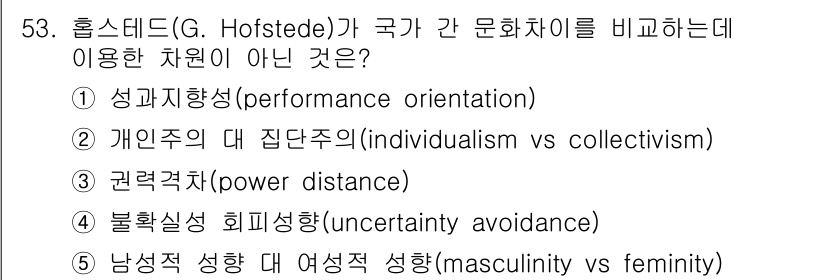 산업보건지도사 2022년 53번 - 호프스테드의 문화적 차원 이론에서 각 요소는 특정한 문화적 특성을 반영합... 에 관한 핵심 기출문제