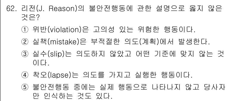 산업보건지도사 2022년 62번 - . 

'착오(lapse)'는 의도를 가지고 행동하지만, 실수가 아닌 경... 에 관한 핵심 기출문제