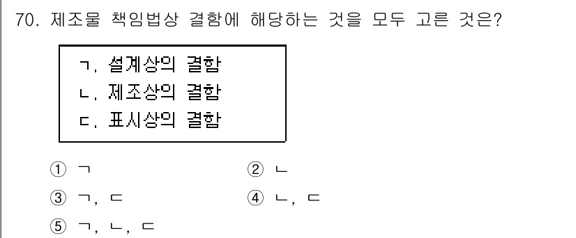 산업보건지도사 2022년 70번 - 제조물 책임법상 결함의 종류에는 설계상의 결함, 제작상의 결함, 표시상의... 에 관한 핵심 기출문제
