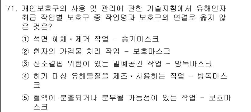 산업보건지도사 2022년 71번 - 3번 '산업관련 위험이 있는 밀폐공간 작업 - 방독마스크'가 정답입니다.... 에 관한 핵심 기출문제
