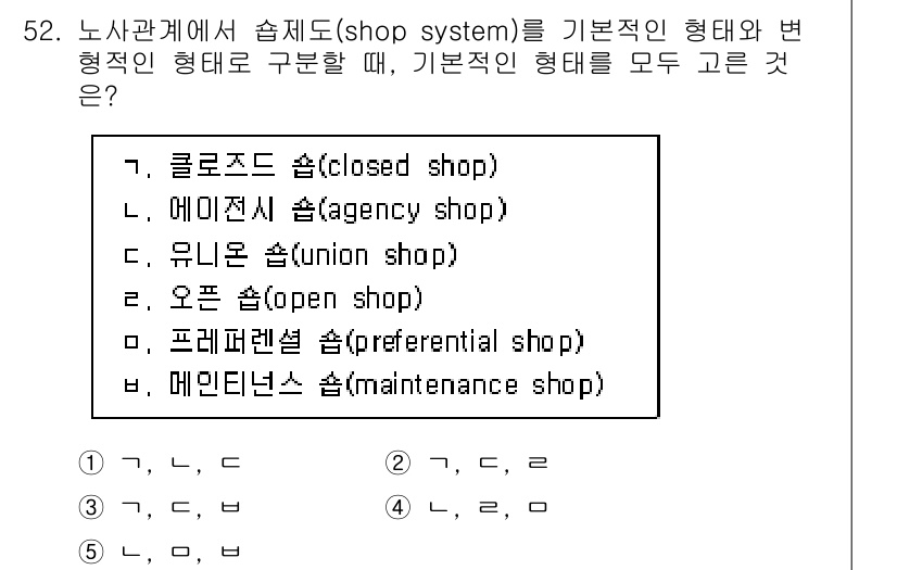 산업안전지도사 2022년 52번 - 정답은 2번(에이전시 숍)입니다. 에이전시 숍은 특정 조합에 가입하지 않... 에 관한 핵심 기출문제