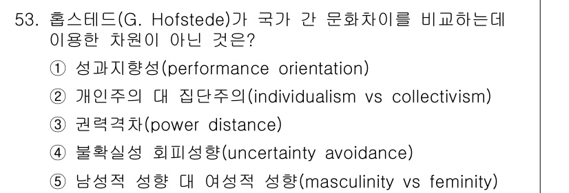 산업안전지도사 2022년 53번 - . 

해설: 성과지향성(performance orientation)은 ... 에 관한 핵심 기출문제