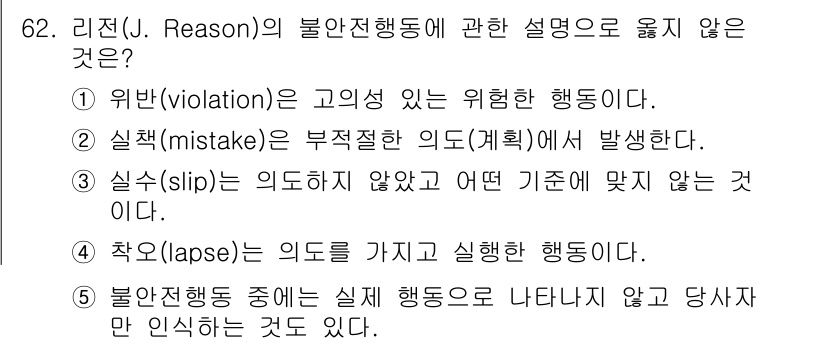 산업안전지도사 2022년 62번 - 4. "착오(lapse)"는 의도를 가지고 행하는 행동이 아니므로 불법행... 에 관한 핵심 기출문제