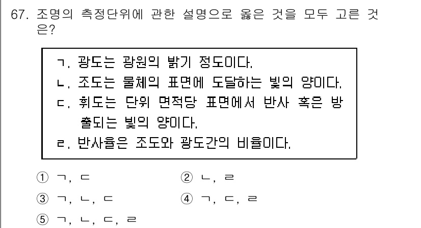 산업안전지도사 2022년 67번 - . 

정답인 이유: 조도는 물체의 표면에서 반사하는 빛의 양을 의미하며... 에 관한 핵심 기출문제