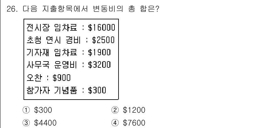 컨벤션기획사_2급(구) 2019년 26번 - 변동비는 직접적으로 행사 진행과 관련된 비용으로, 전시장 임차료, 초청 ... 에 관한 핵심 기출문제