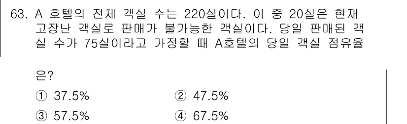 컨벤션기획사_2급(구) 2019년 63번 - A 호텔의 전체 객실 수는 220실이며, 현재 고장난 20실이 있어 판매... 에 관한 핵심 기출문제