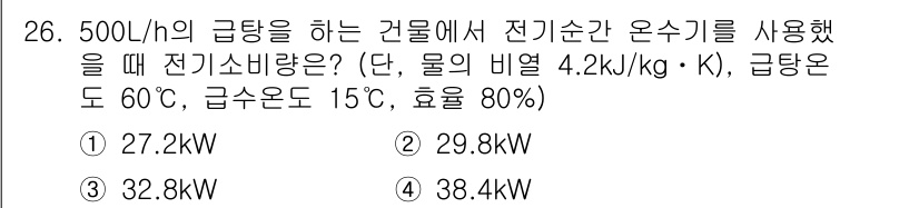 건축설비기사 2022년 26번 - 전기소비량을 계산하기 위해 우선 필요한 열량을 구합니다. 이는 Q = m... 에 관한 핵심 기출문제
