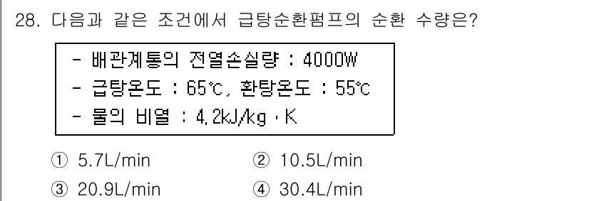 건축설비기사 2022년 28번 - .5 L/min

해설: 주어진 조건에서 열량과 물의 비열을 이용해 필요... 에 관한 핵심 기출문제