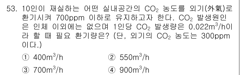 건축설비기사 2022년 53번 - CO₂ 농도를 700ppm 이하로 유지하기 위해 방출되는 CO₂의 양을 ... 에 관한 핵심 기출문제
