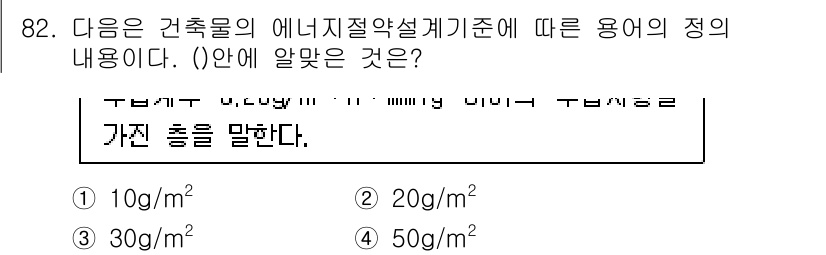 건축설비기사 2022년 82번 - 정답인 3번인 30g/m²는 건축물의 에너지 절약 설계 기준에서 효과적인... 에 관한 핵심 기출문제