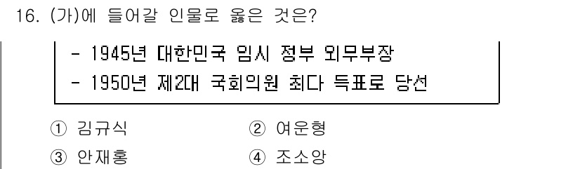 소방공무원(공개)_한국사(구) 2022년 16번 - 정답 4번 조소앙은 1945년 대한민국 임시 정부의 외무부장을 역임하였고... 에 관한 핵심 기출문제