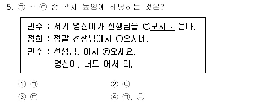 소방공무원(공개,경력)_국어(구) 2022년 5번 - 해설: 민수의 문장에서는 '모시고 온다'라는 표현이 사용되어 경어 체계를... 에 관한 핵심 기출문제