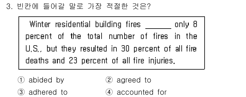 소방공무원(공개,경력)_영어(구) 2022년 3번 - (accounted for)

"accounted for"는 겨울철 주거... 에 관한 핵심 기출문제