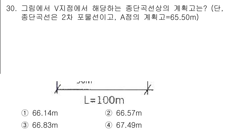 측량및지형공간정보기사 2022년 30번 - 주어진 조건에서 중단곡선의 길이와 A점의 고도를 고려할 때, 중단곡선의 ... 에 관한 핵심 기출문제