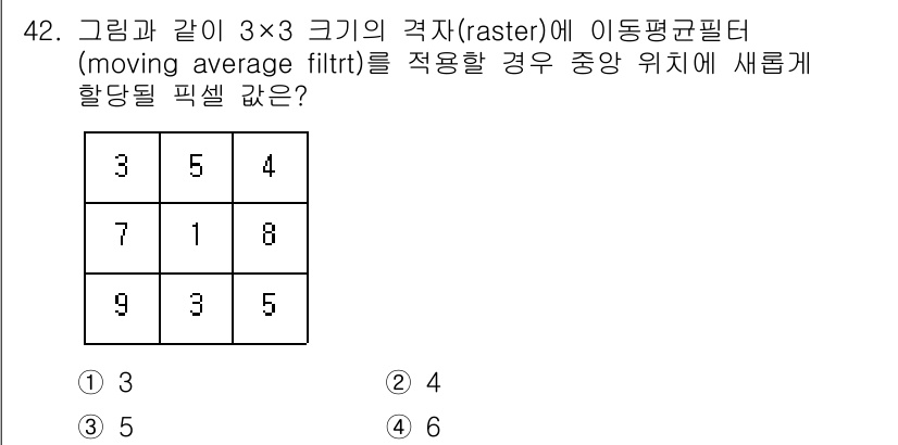 측량및지형공간정보기사 2022년 42번 - 이동평균필터는 주어진 셀과 그 주변 셀의 값을 평균내어 새로운 값을 생성... 에 관한 핵심 기출문제