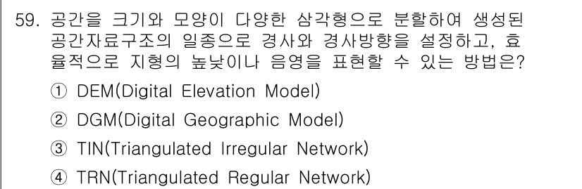 측량및지형공간정보기사 2022년 59번 - TRN(Triangulated Regular Network)은 정규 삼각... 에 관한 핵심 기출문제