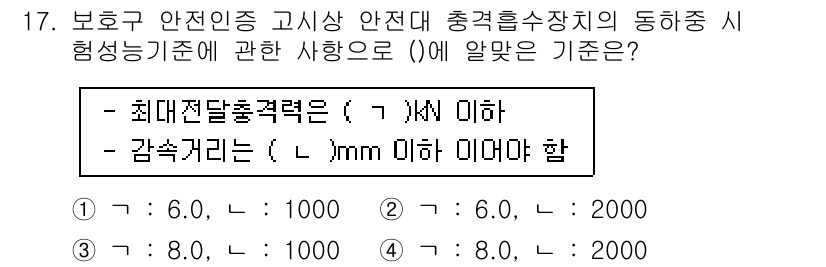 건설안전기사 2022년 17번 - 해설: 보호구 안전인증 고시상 안전대 충격흡수장치의 동하중 시험성기준은 ... 에 관한 핵심 기출문제