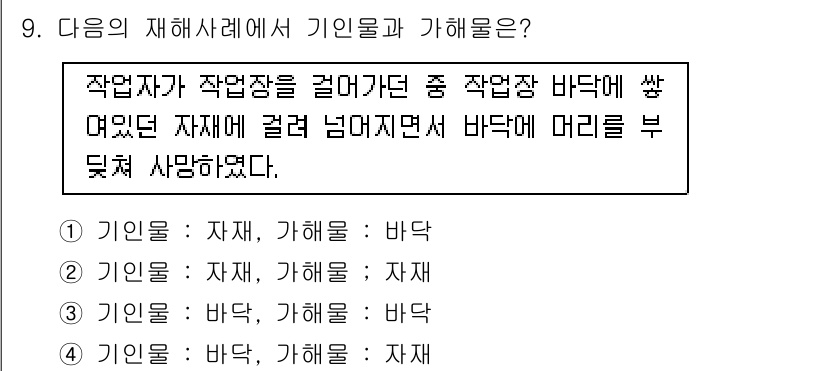 건설안전기사 2022년 9번 - 해설: 작업자가 작업장 바닥에 깔린 자재에 걸려 넘어지면서 다리를 부딪혔... 에 관한 핵심 기출문제