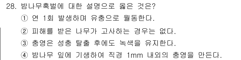 산림기사 2022년 28번 - 밤나무혹벌은 1년에 한 번 발생하며, 유충이 수목 내에서 활동합니다. 이... 에 관한 핵심 기출문제