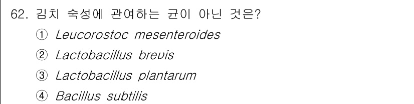 식품안전기사 2022년 62번 - 정답은 4번, **Bacillus subtilis**입니다. 김치 숙성과... 에 관한 핵심 기출문제
