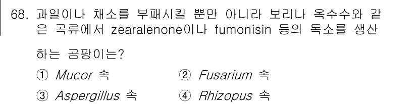 식품안전기사 2022년 68번 - . Fusarium 속

Fusarium 속은 zearalenone과 f... 에 관한 핵심 기출문제